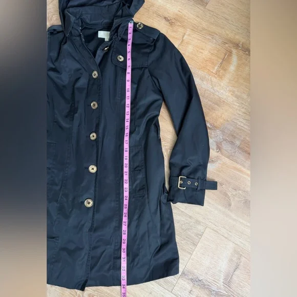 MICHAEL Michael Kors Black Trench Coat Size Small Gold Button Down Hooded - Picture 8 of 13